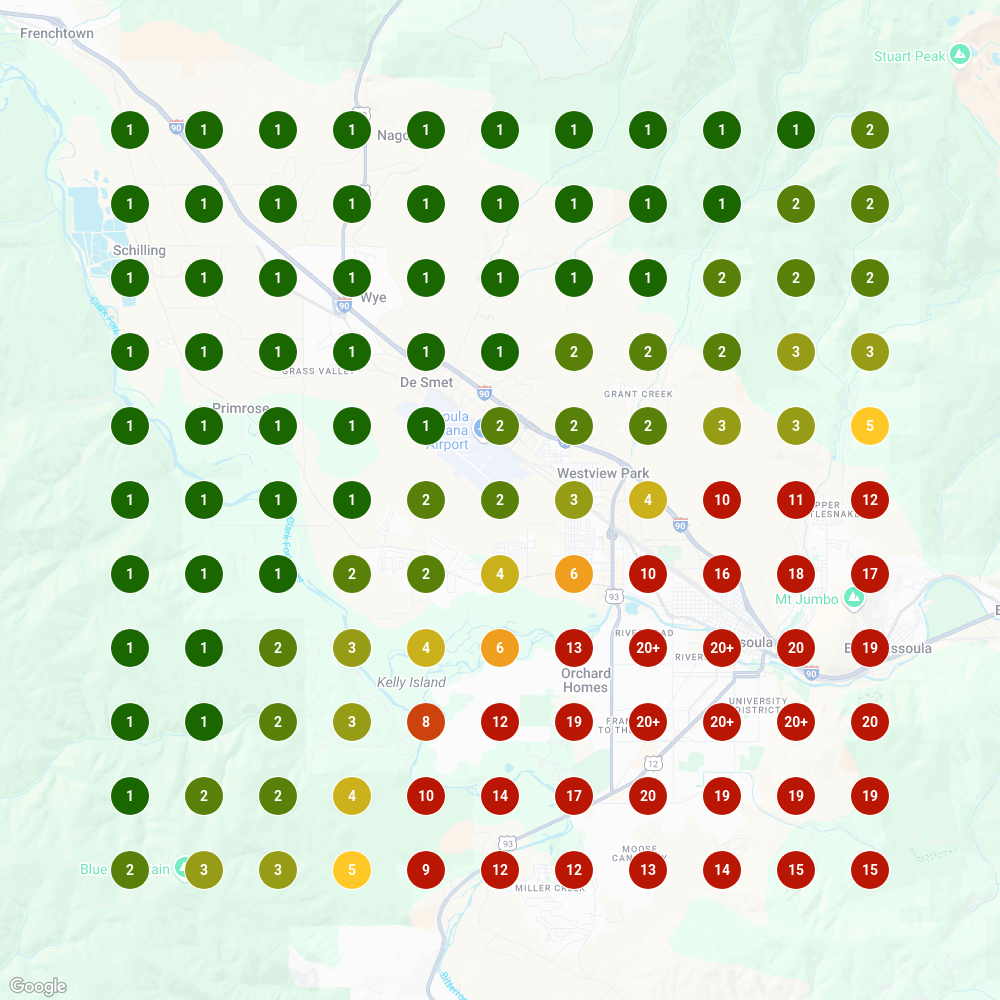 SEO heat map showing ranking performance across Missoula and surrounding Montana communities